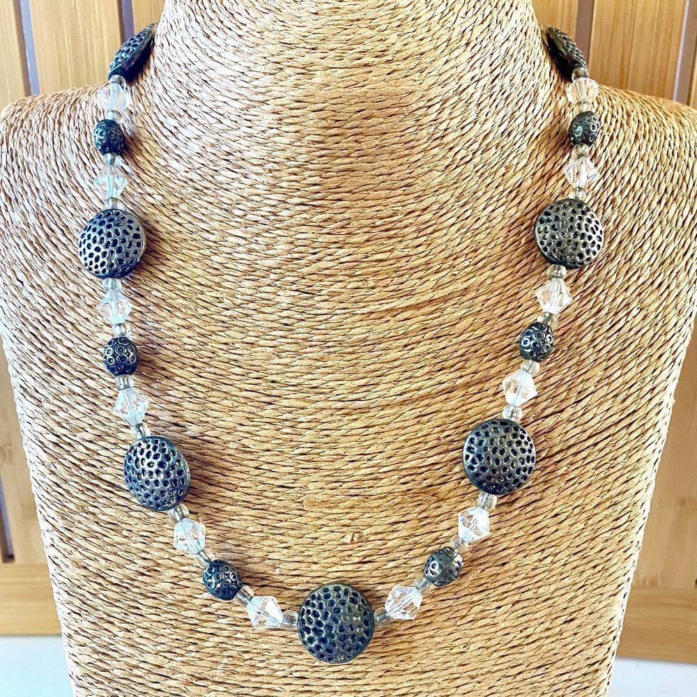 S𝅺ilver-tone Hammered Coin Crystal Handmade Necklace Silver Dawn Jewels OOAC